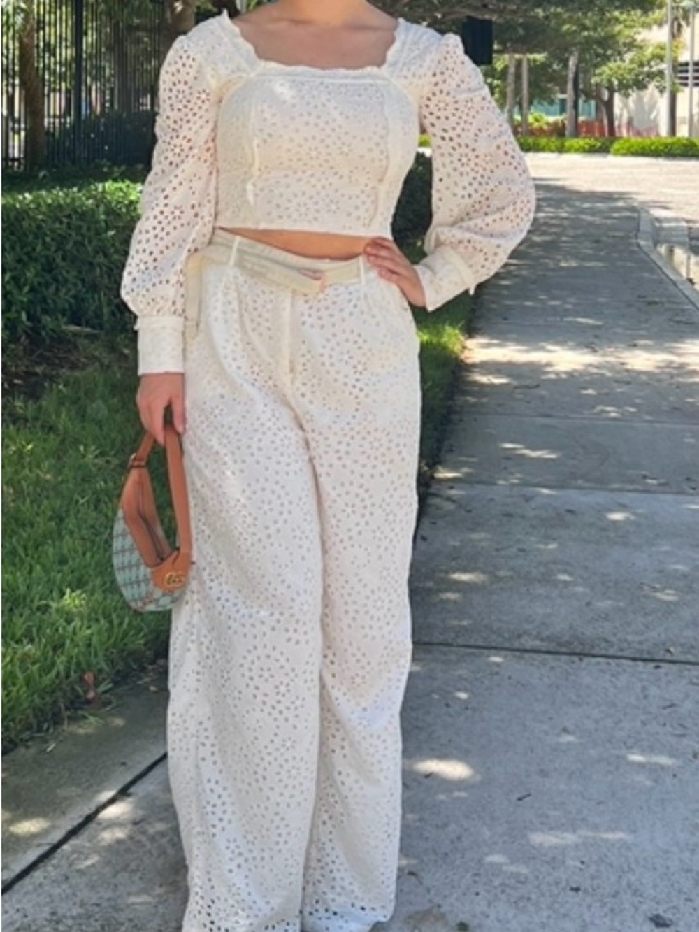 Women's Cream Eyelet Wide-Leg Pants by